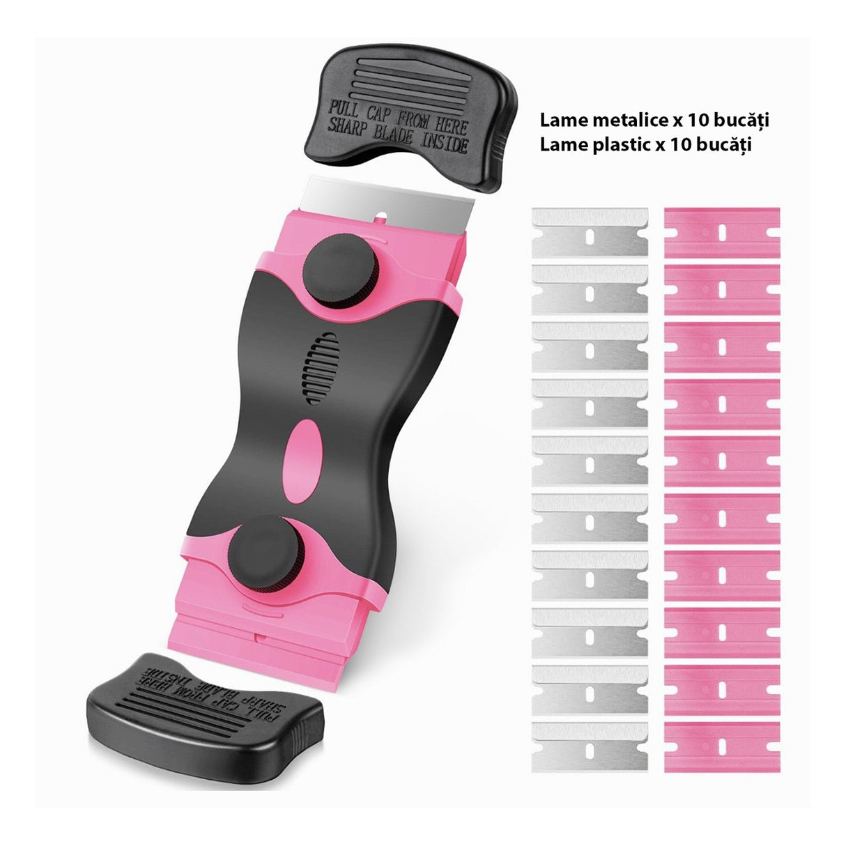 Racleta Multifunctionala pentru Curatare Sticla si Ceramica,- Design Ergonomic, Maner Anti-alunecare, Include 20 de Lame de Schimb, 12,5 x 4,5 cm, Roz - vivimall.ro