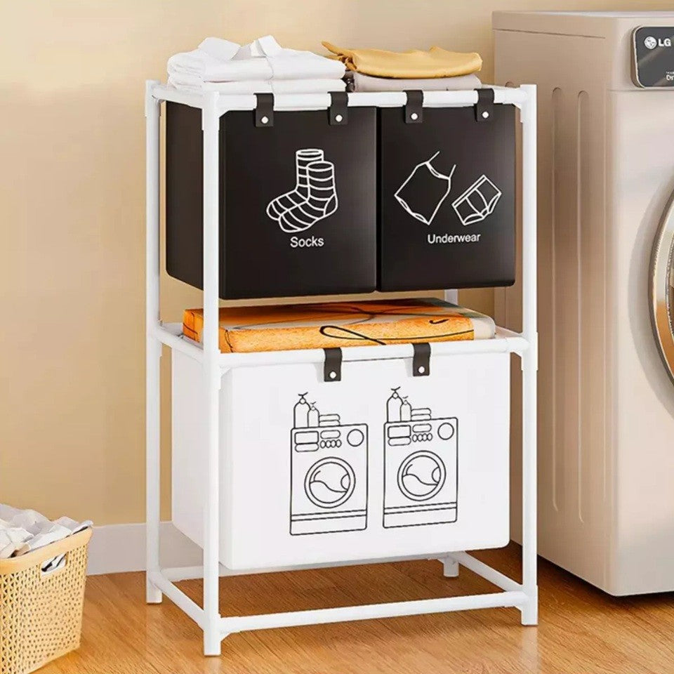 Cos de Rufe, Vivimall, cu 2 Etaje, Vivimall, 3 Cosuri, Cadru de Otel Inoxidabil, 97x28x57 cm, Alb - vivimall.ro