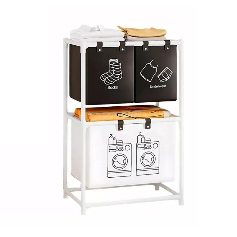 Cos de Rufe, Vivimall, cu 2 Etaje, Vivimall, 3 Cosuri, Cadru de Otel Inoxidabil, 97x28x57 cm, Alb - vivimall.ro