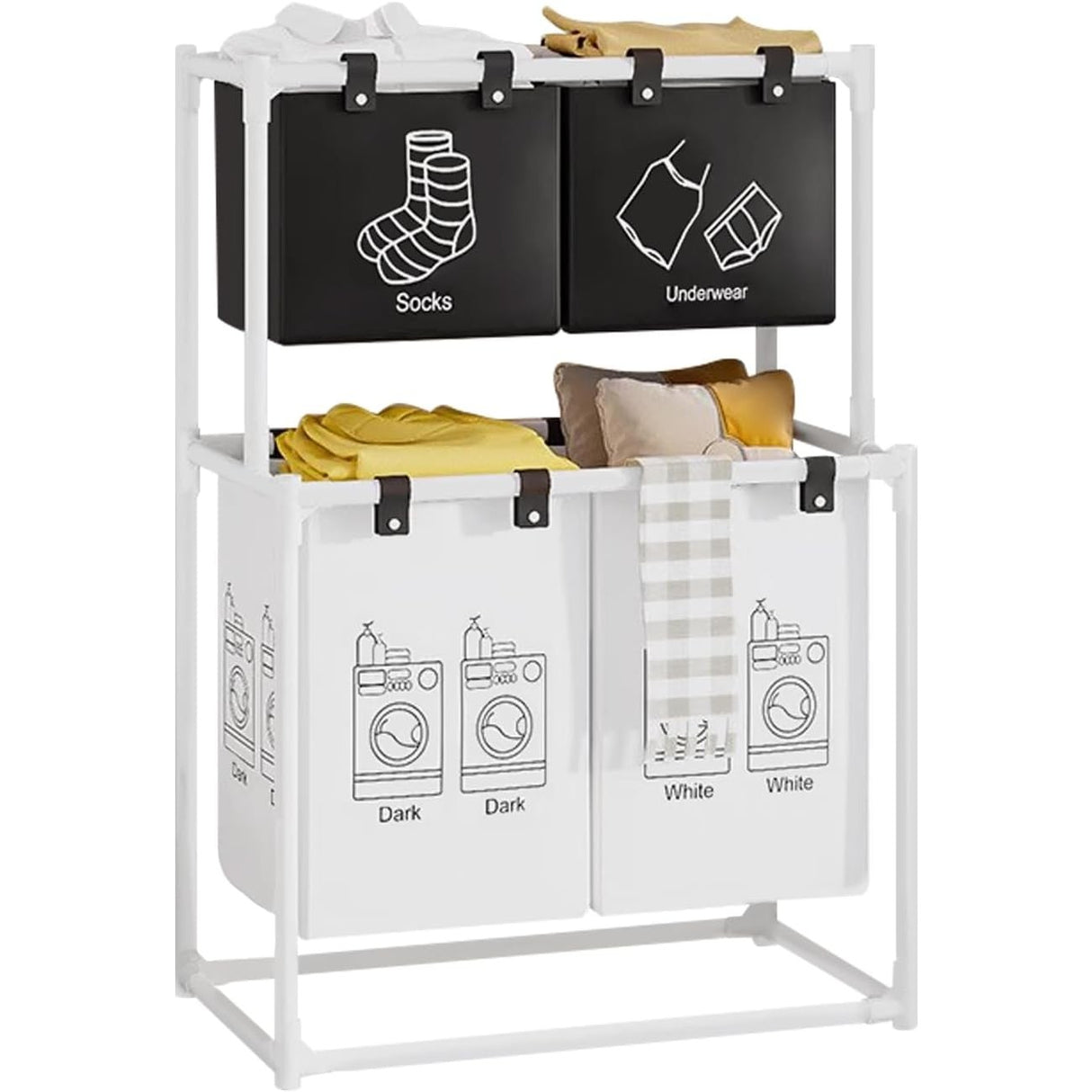 Cos de Rufe, Vivimall, cu 2 Etaje, 4 Cosuri, Cadru de Otel Inoxidabil, 97x44x57 cm, Alb - vivimall.ro