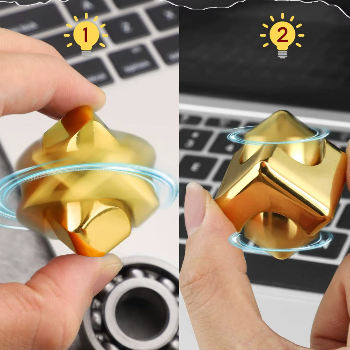 Jucarie Antistres Fidget Spinner, Flippy, Tip Cub, Metalic 2-in-1, Transformabil, Rulment Premium, Inox, Silentios, Gadget pentru Birou, 2.9 x 2.9 cm, Auriu - vivimall.ro