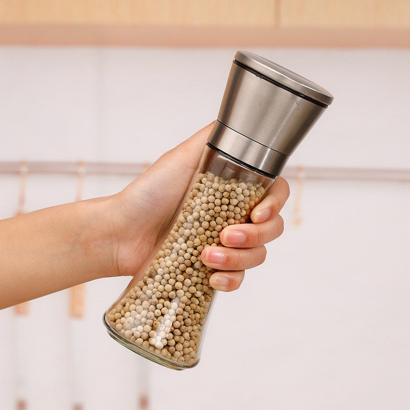 Rasnita Manuala pentru boabe, Vivimall, Rasnita pentru Piper Sare Cafea, din Sticla cu Otel inoxidabil, 19.2 x 6.4 cm, volum 200 ml, Transparenta cu Capac din Inox - vivimall.ro