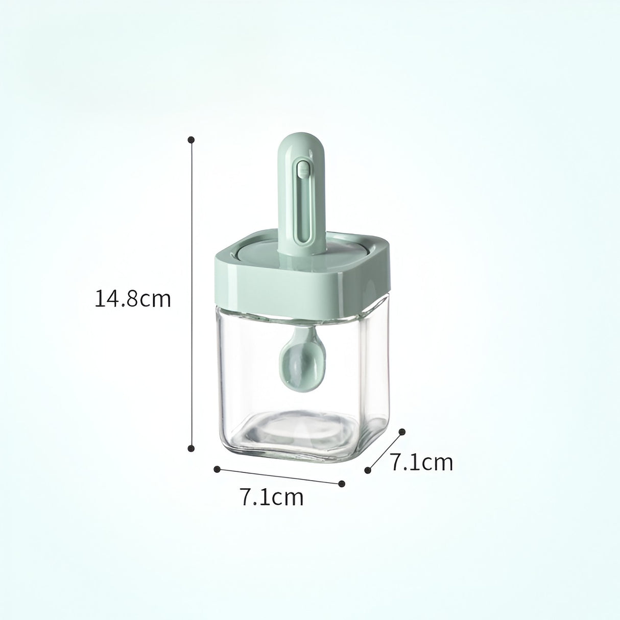 Recipient pentru Depozitarea Condimentelor, Vivimall, Borcan din Sticla, Capac si Lingura Incorporate, Uz Casnic, 300 ml, 7.1x7.1x14.8 cm, Verde - vivimall.ro