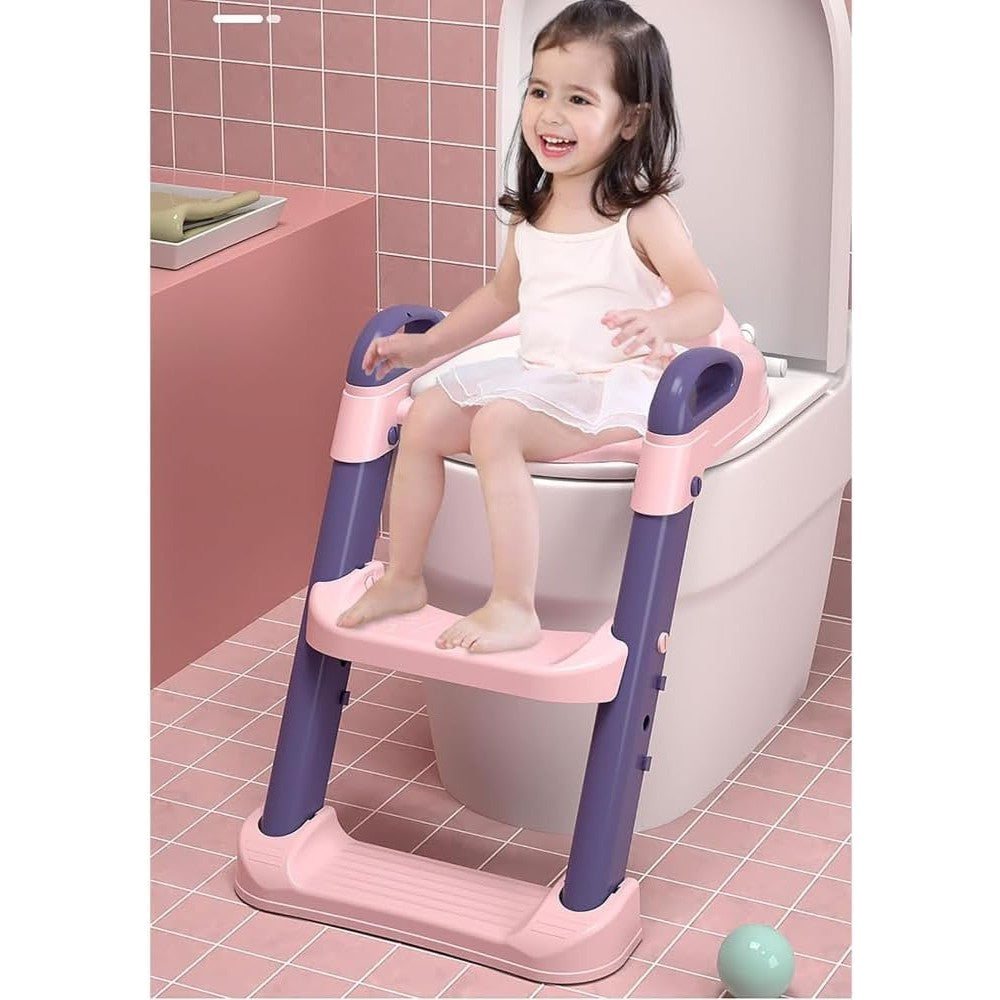 Reductor si Scaunel Inaltator WC, Vivimall, pentru Copii 1 - 7 Ani, 2 Trepte Reglabile, Pliabil, Colac Moale, cu Spatar si Manere, Inaltime 54/58 cm x 39.5 x 35 cm, din Plastic+PVC, Roz/Mov - vivimall.ro