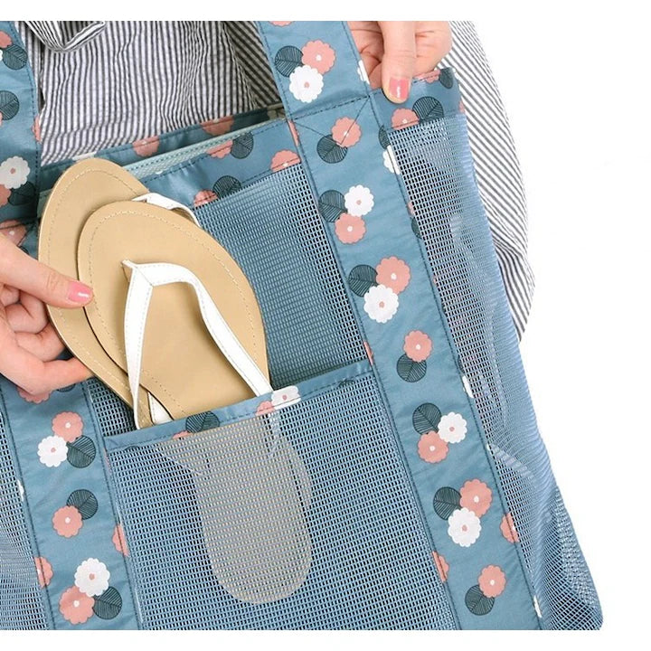 Geanta De Plaja Albastru Imprimeu Floral | BeachVibe 2 - vivimall.ro