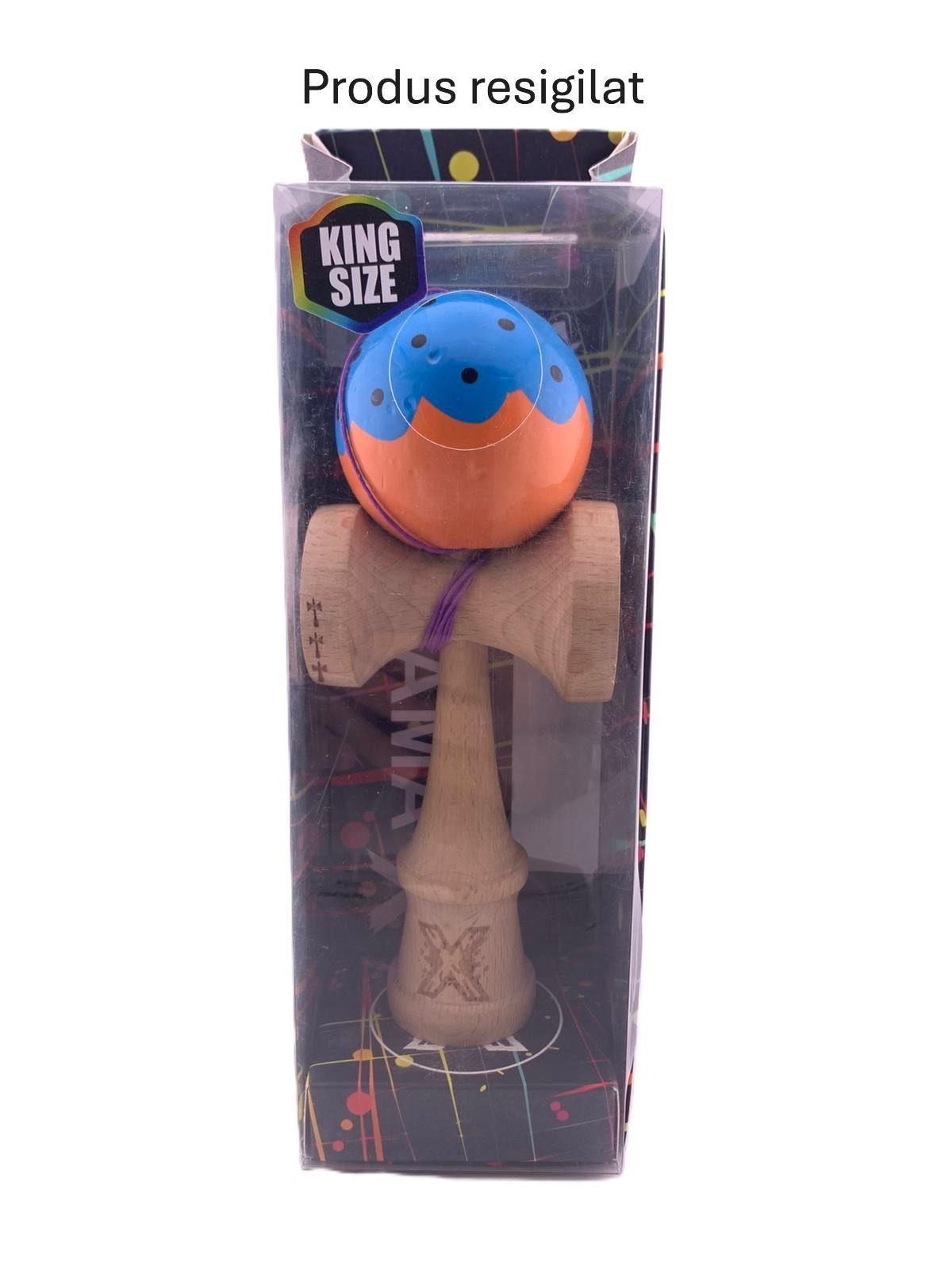 RESIGILAT - Kendama X Originala, Profesionala, Flippy, Super Sticky cu Cupe Mari KING SIZE V3, Gaura in Baza, din lemn 18 cm, Ata 62/65 cm, Special Albastru/Portocaliu - vivimall.ro