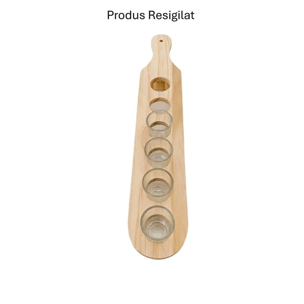 RESIGILAT - Set 6 Pahare Shot din Sticla Flippy, cu Suport din Lemn, Design Rustic, 49.5 x 7 x 6.5 cm, Maro - vivimall.ro