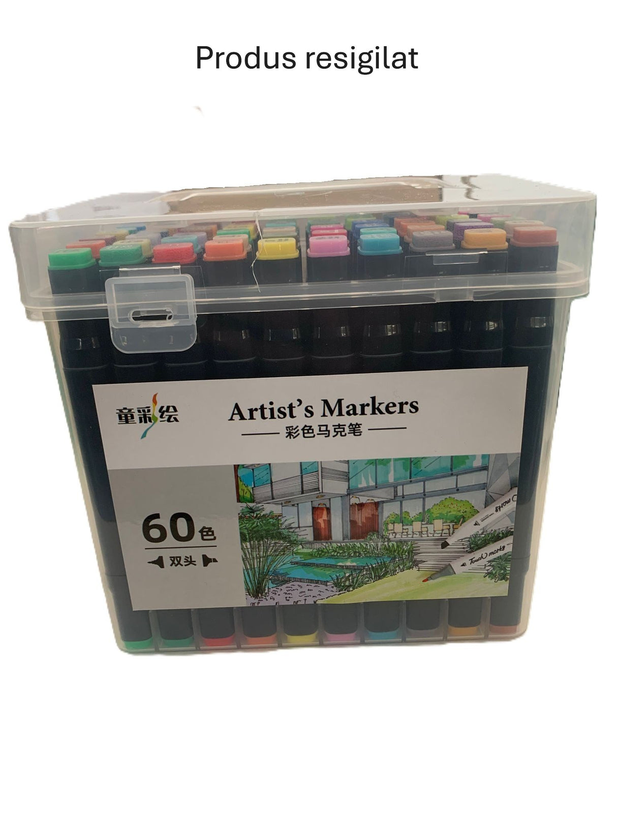 Cutie plastic cu mâner pentru set markere Flippy 60 bucăți, detaliu mâner și închizătoare