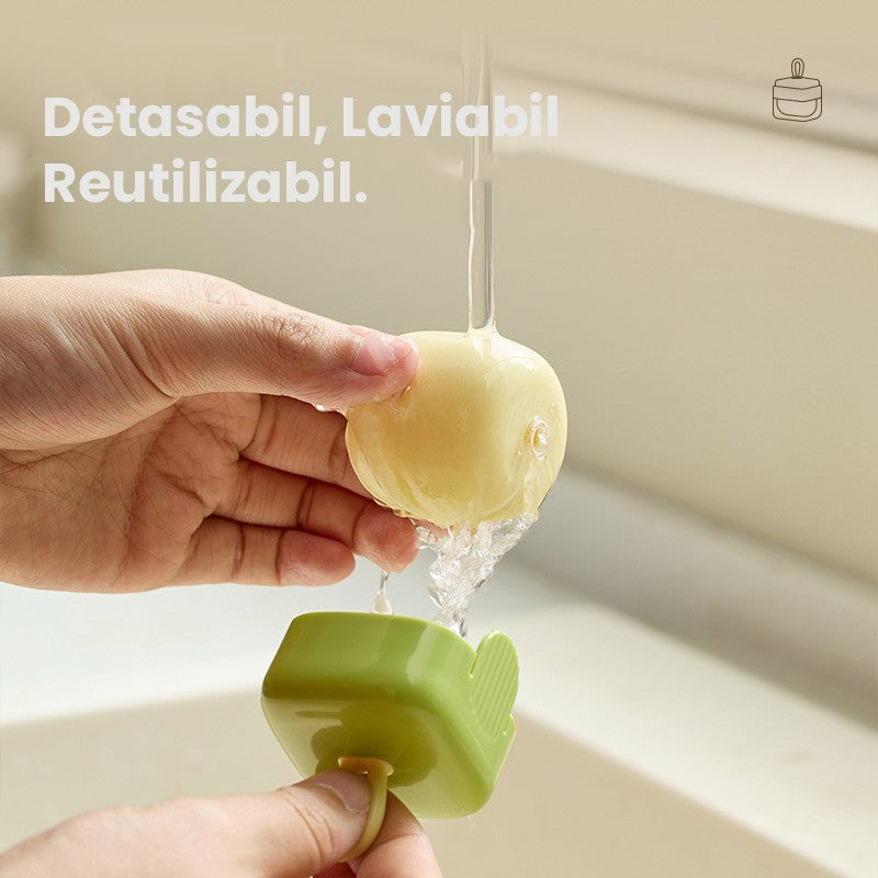 Rolă scame cub plastic verde matcha, vedere laterală, suprafață captare scame și păr animale