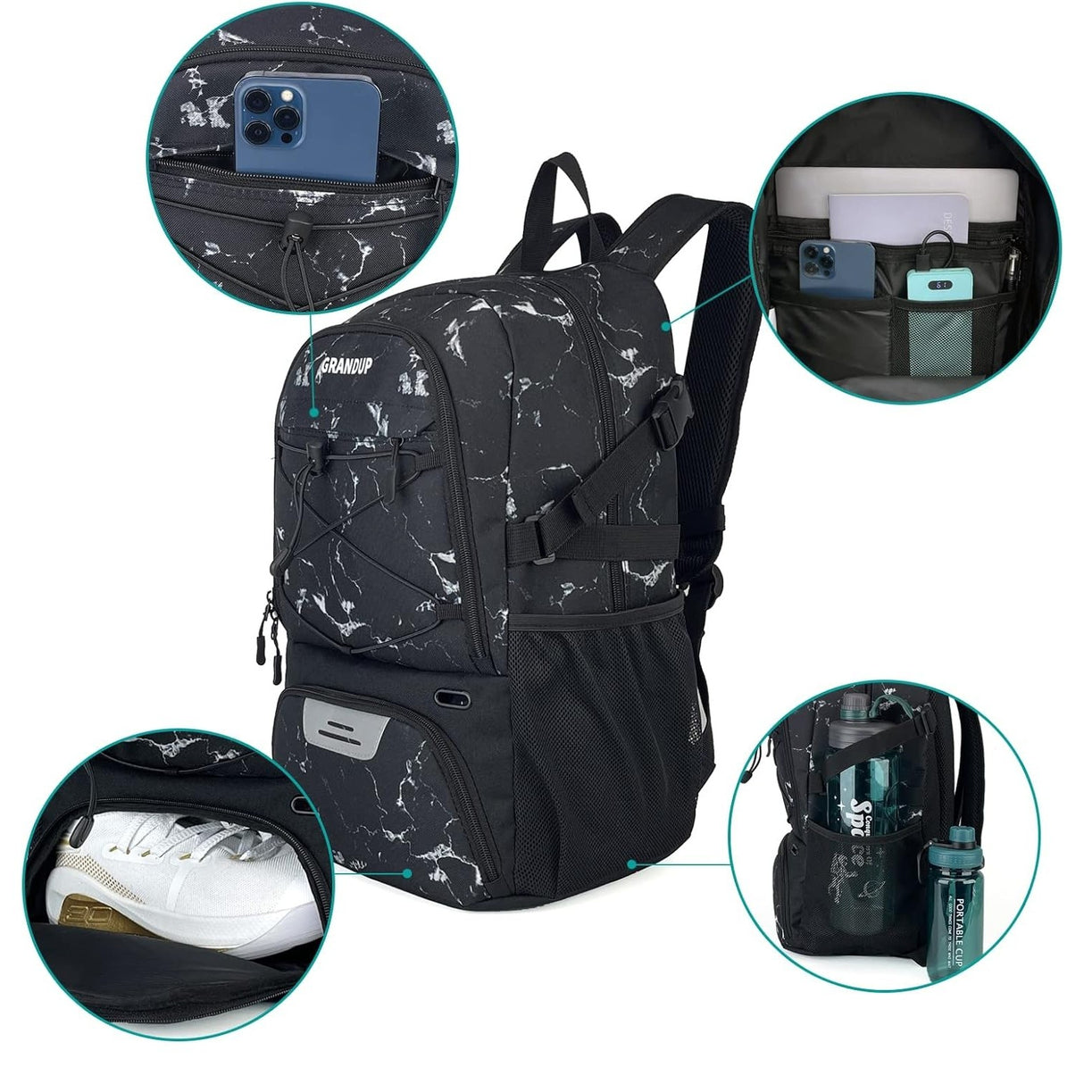 Rucsac de Baschet Multifunctional, Vivimall, pentru Calatorie, Sport, Scoala, cu Compartiment pentru Pantofi si Minge, 32 Litri, 45x32x22 cm, Negru-Alb - vivimall.ro