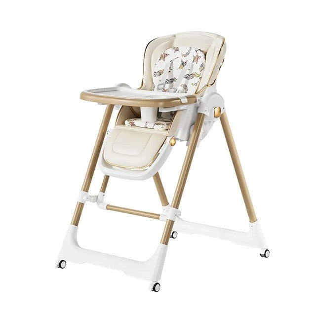 Scaun de Masa 2in1, Flippy, pentru Copii 6 luni - 4 Ani, Pliabil, cu Roti, Balansoar, Leagan, Reglabil, Tava de Masa Dubla, Centura in 5 Puncte, 96 x 56 x 76 cm, Sampanie