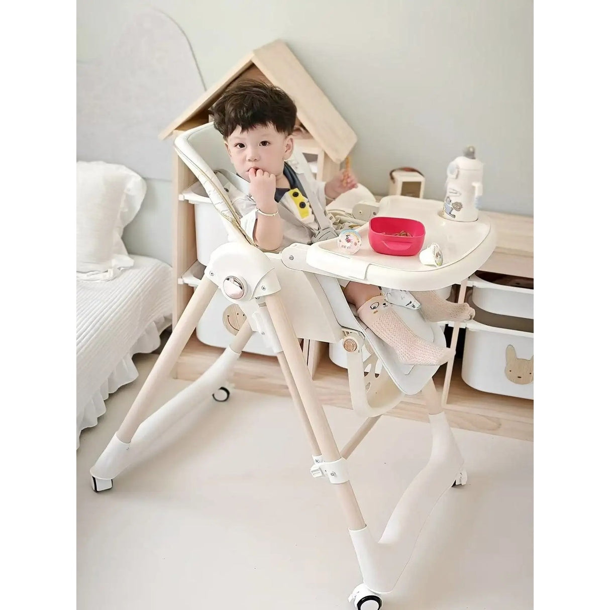 Scaun De Masa 2In1, Pentru Copii 6 Luni - 4 Ani, Pliabil, Cu Roti, Balansoar, Leagan, Reglabil, Tava De Masa Dubla, Centura In 5 Puncte, Sampanie - vivimall.ro