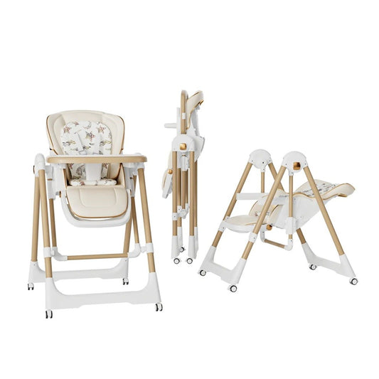 Scaun de Masa 2in1, Flippy, pentru Copii 6 luni - 4 Ani, Pliabil, cu Roti, Balansoar, Leagan, Reglabil, Tava de Masa Dubla, Centura in 5 Puncte, 96 x 56 x 76 cm, Sampanie