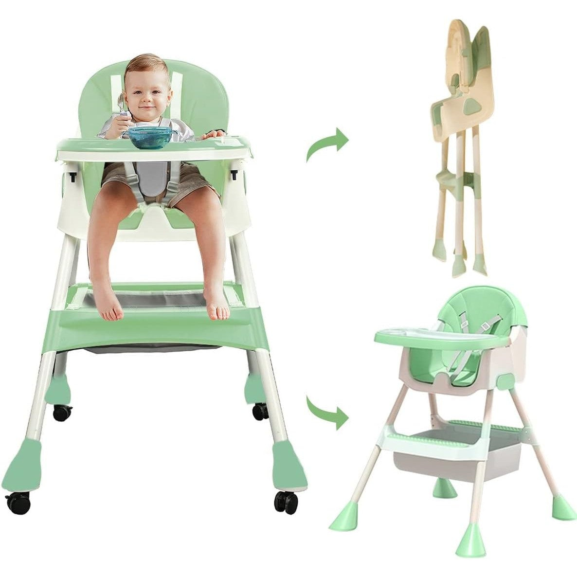 Scaun De Masa 2In1, Pentru Copii De La 6 Luni - 5 Ani, Inaltime Reglabila, Centura In 5 Puncte, Tava De Masa, Roti Cu Frana, Cos Depozitare, Jucarie Inclusa