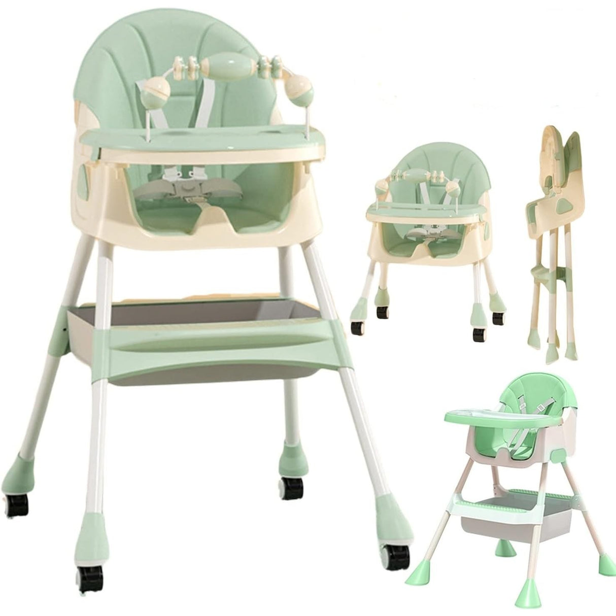 Scaun De Masa 2In1, Pentru Copii De La 6 Luni - 5 Ani, Inaltime Reglabila, Centura In 5 Puncte, Tava De Masa, Roti Cu Frana, Cos Depozitare, Jucarie Inclusa