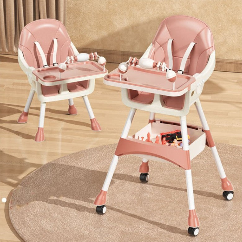 Scaun de Masa 2in1, Flippy, pentru Copii de la 6 luni - 5 Ani, Inaltime Reglabila, Centura in 5 Puncte, Tava de Masa, Roti cu Frana, Cos Depozitare, Jucarie Inclusa, 94 x 78 x 60 cm, Roz