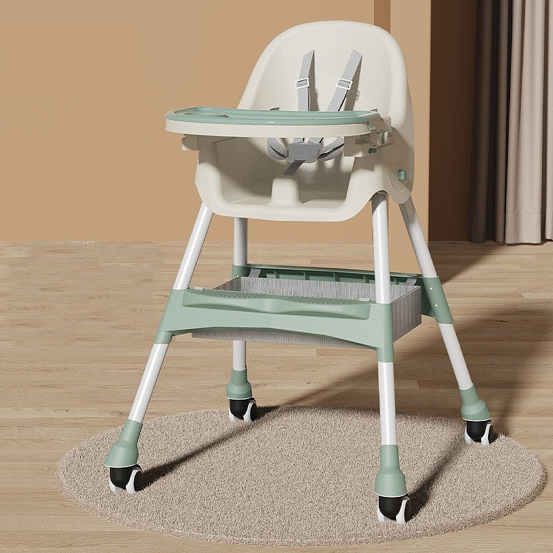 Scaun De Masa Pentru Bebelusi Si Copii Cu Roti, Telescopic, Pliabil, Masuta Reglabila, Suport Picioare, Scaun Invelis Piele Artificiala, Centura Siguranta, Spatiu Depozitare