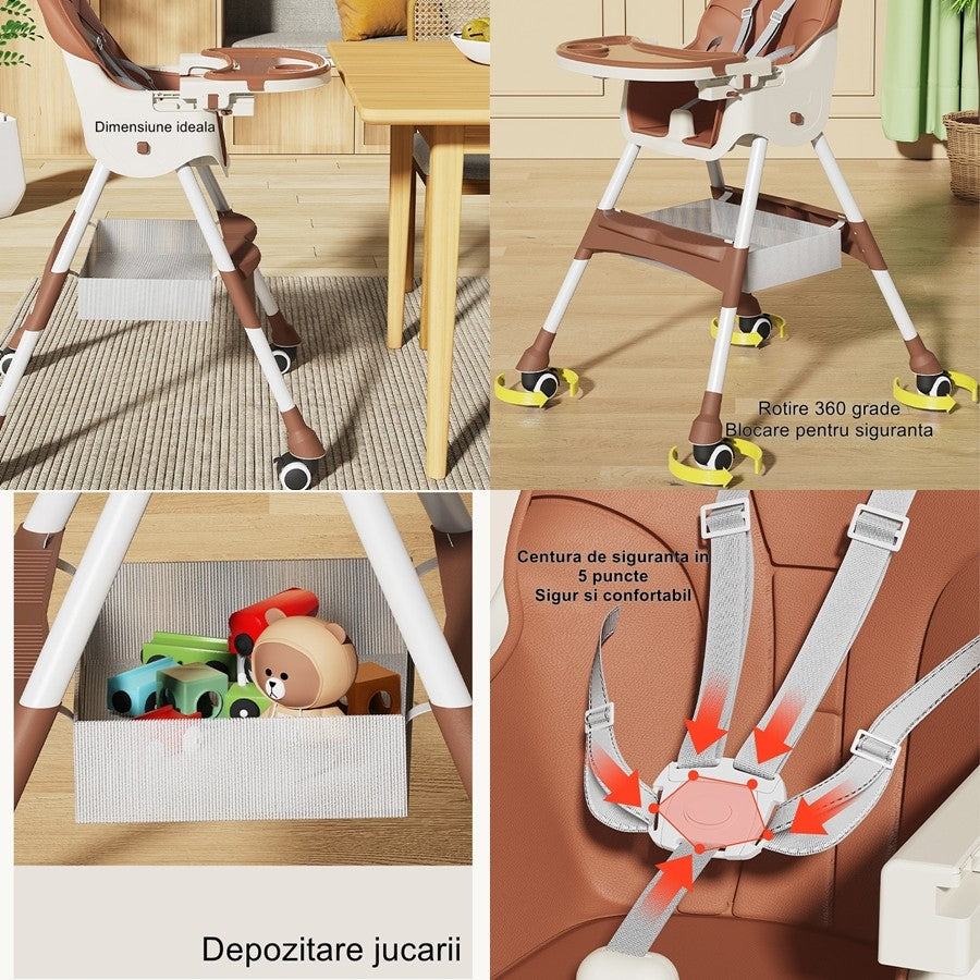 Scaun De Masa Pentru Bebelusi Si Copii Cu Roti, Telescopic, Pliabil, Masuta Reglabila, Suport Picioare, Scaun Invelis Piele Artificiala, Centura Siguranta, Spatiu Depozitare