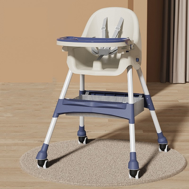 Scaun De Masa Pentru Bebelusi Si Copii Cu Roti, Telescopic, Pliabil, Masuta Reglabila, Suport Picioare, Scaun Invelis Piele Artificiala, Centura Siguranta, Spatiu Depozitare