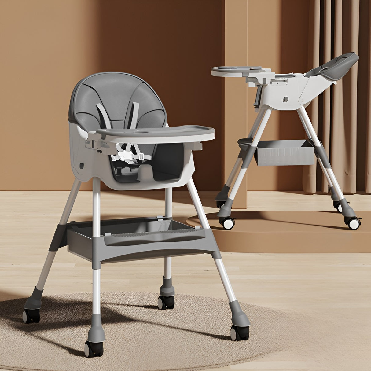 Scaun De Masa Pentru Bebelusi Si Copii, Cu Roti, Telescopic, Pliabil, Masuta Reglabila, Suport Picioare, Scaun Cu Invelis Piele Artificiala, Centura Siguranta, Spatiu Depozitare