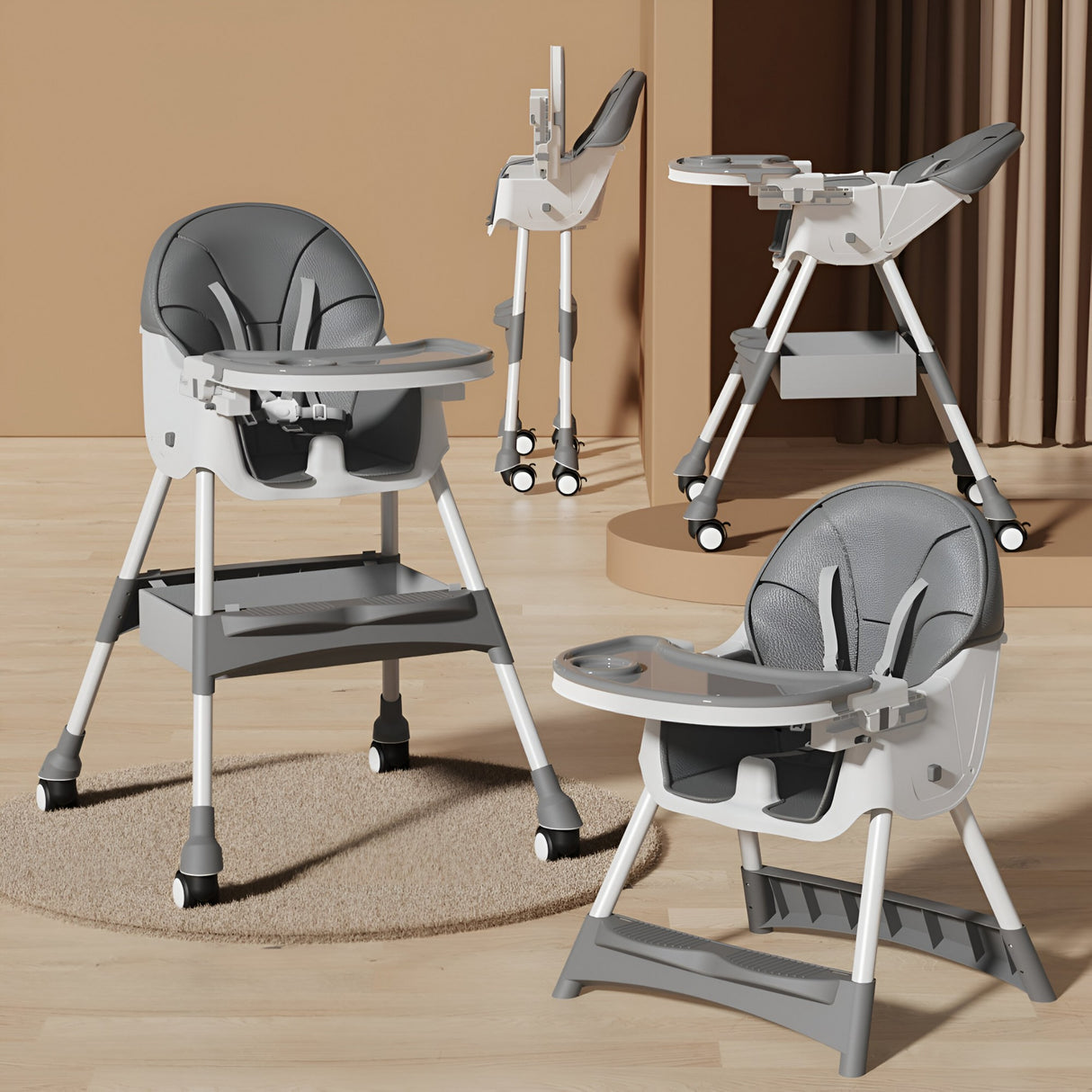 Scaun De Masa Pentru Bebelusi Si Copii, Cu Roti, Telescopic, Pliabil, Masuta Reglabila, Suport Picioare, Scaun Cu Invelis Piele Artificiala, Centura Siguranta, Spatiu Depozitare