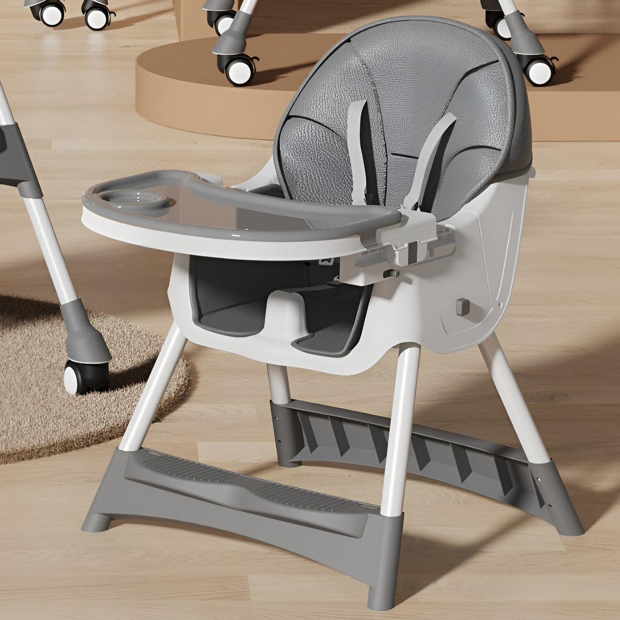 Scaun De Masa Pentru Bebelusi Si Copii, Cu Roti, Telescopic, Pliabil, Masuta Reglabila, Suport Picioare, Scaun Cu Invelis Piele Artificiala, Centura Siguranta, Spatiu Depozitare