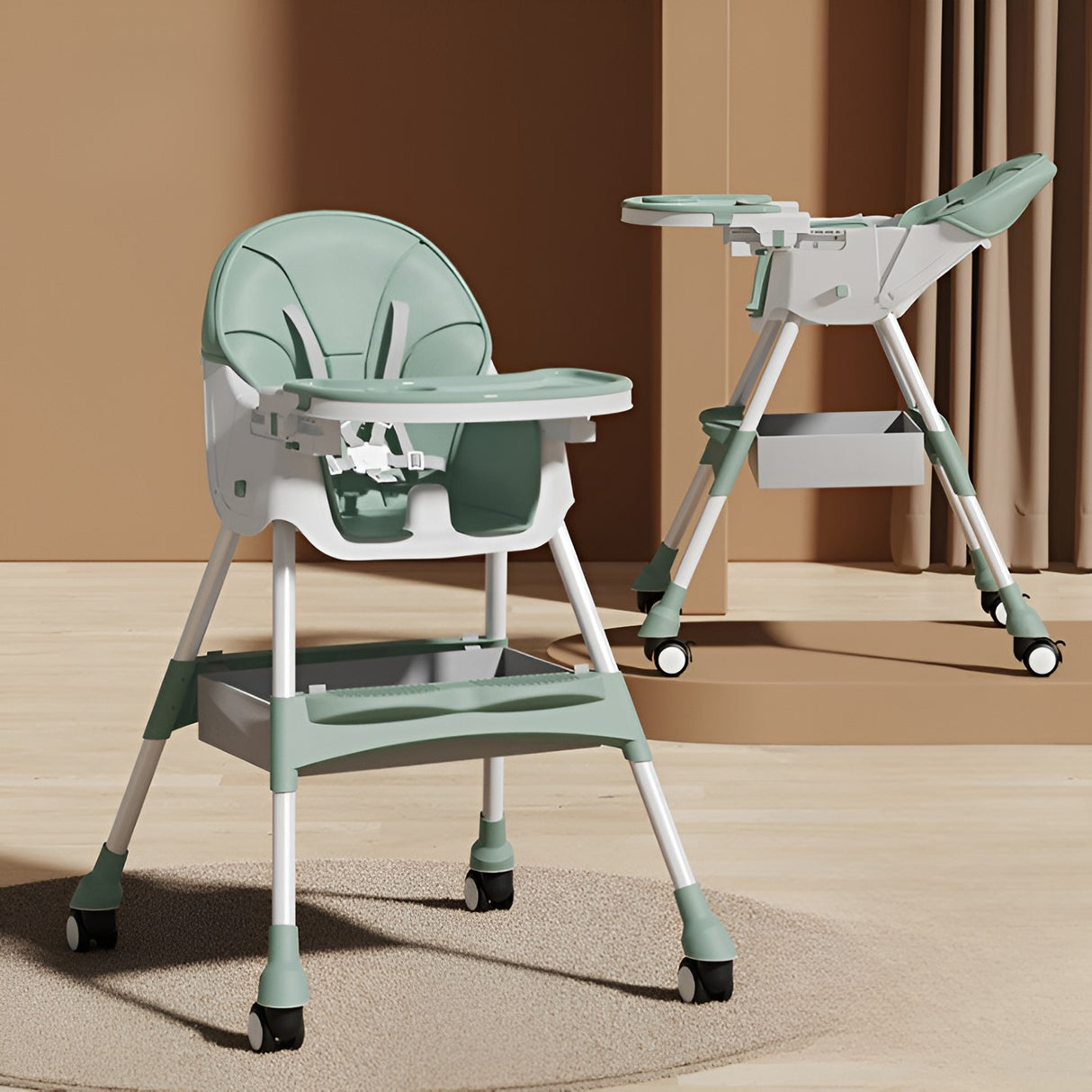 Scaun De Masa Pentru Bebelusi Si Copii, Cu Roti, Telescopic, Pliabil, Masuta Reglabila, Suport Picioare, Scaun Cu Invelis Piele Artificiala, Centura Siguranta, Spatiu Depozitare