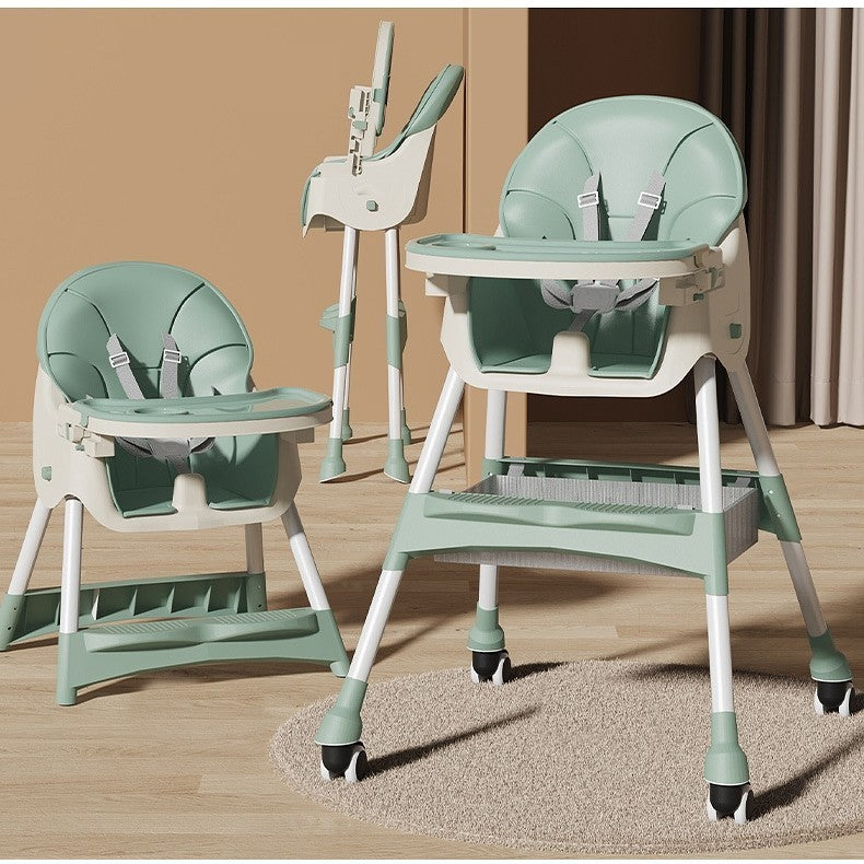 Scaun De Masa Pentru Bebelusi Si Copii, Cu Roti, Telescopic, Pliabil, Masuta Reglabila, Suport Picioare, Scaun Cu Invelis Piele Artificiala, Centura Siguranta, Spatiu Depozitare