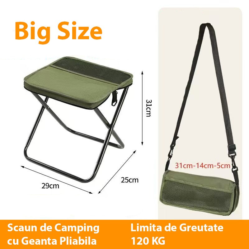 Taburet pliabil camping verde desfășurat, cadru metalic tip X, perspectivă laterală