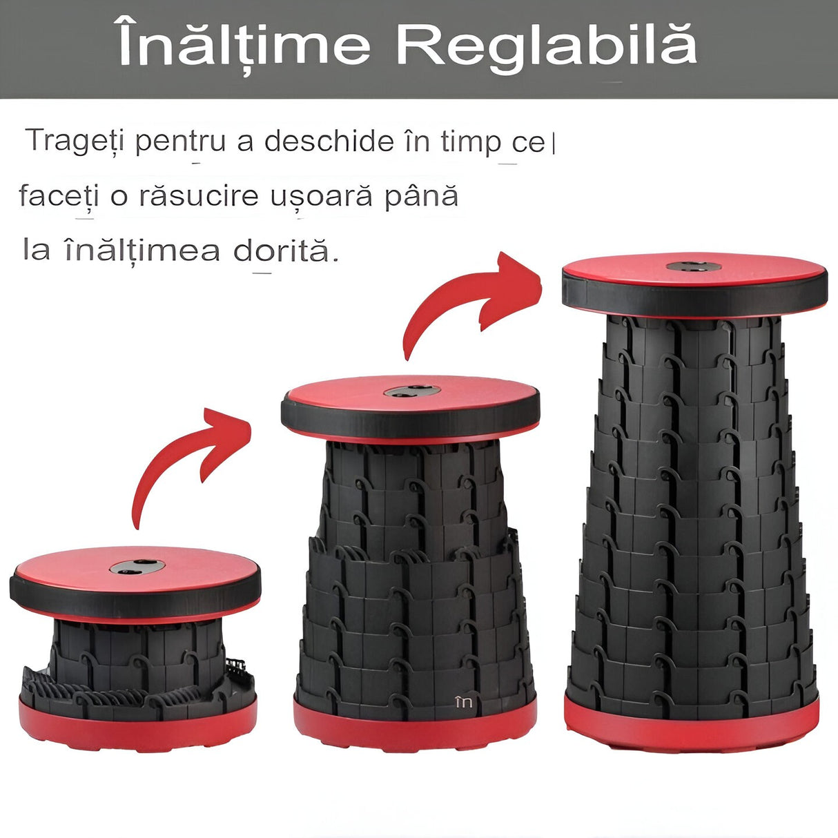 Scaun Telescopic Pliabil pentru Camping si Pescuit, Vivimall, Portabil, Universal, Sustine 150 kg, ABS, Diametru 25 cm, Extensibil, Inaltime 45 cm, Rosu-Negru - vivimall.ro