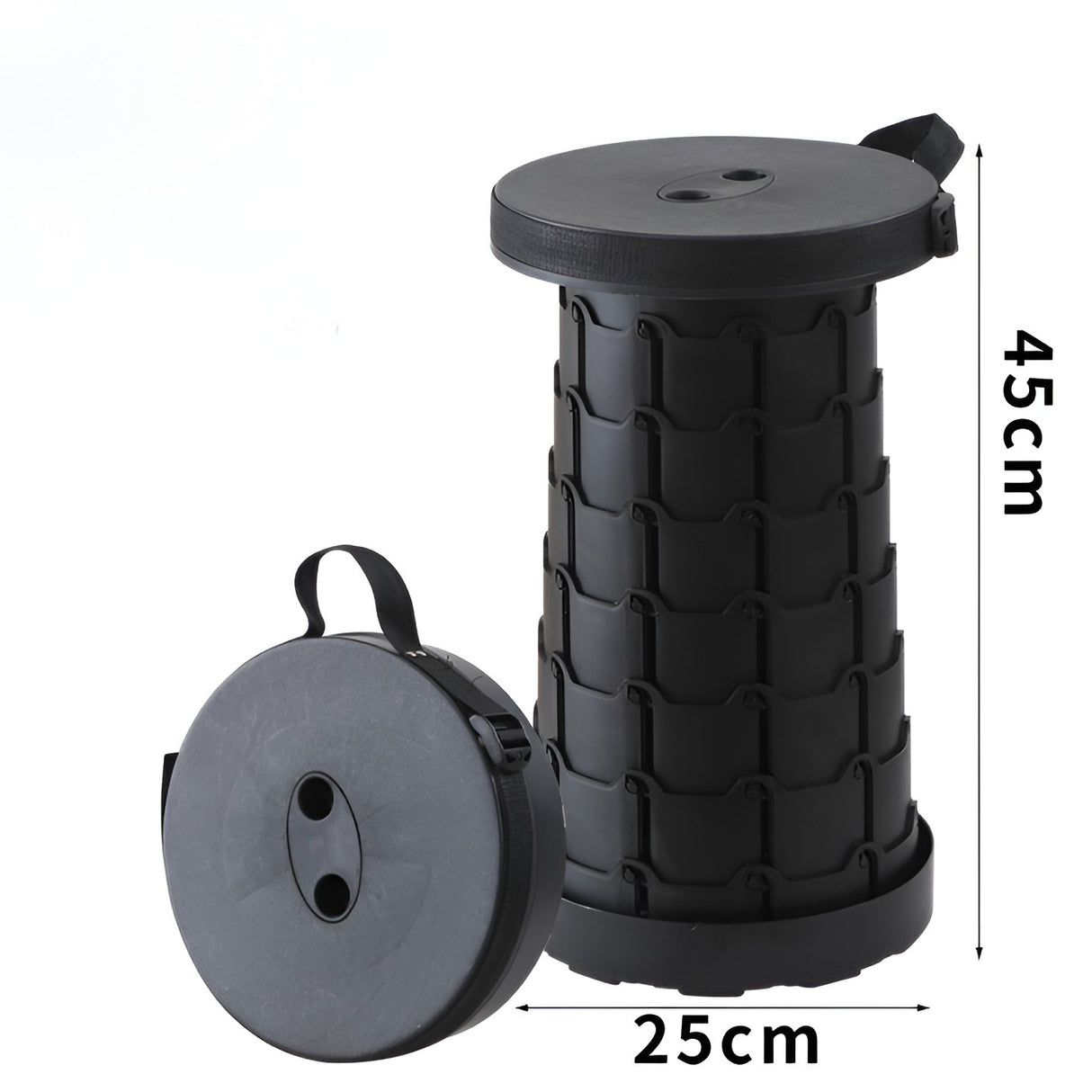 Scaun Telescopic Pliabil pentru Camping si Pescuit, Vivimall, Portabil, Universal, Sustine 150 kg, ABS, Diametru 25 cm, Extensibil, Inaltime 45 cm, Negru - vivimall.ro