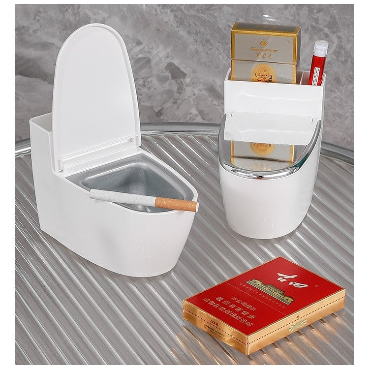 Scrumiera creativa Vivimall, Forma de Toaleta, Capac Argintiu, Material ABS si Otel Inoxidabil, 12.5 x 9.8 x 8.4 cm, Fixare prin Lipire sau De Sine Statator, pentru Baie, Camera, Bucatarie, Balcon, Argintiu - vivimall.ro