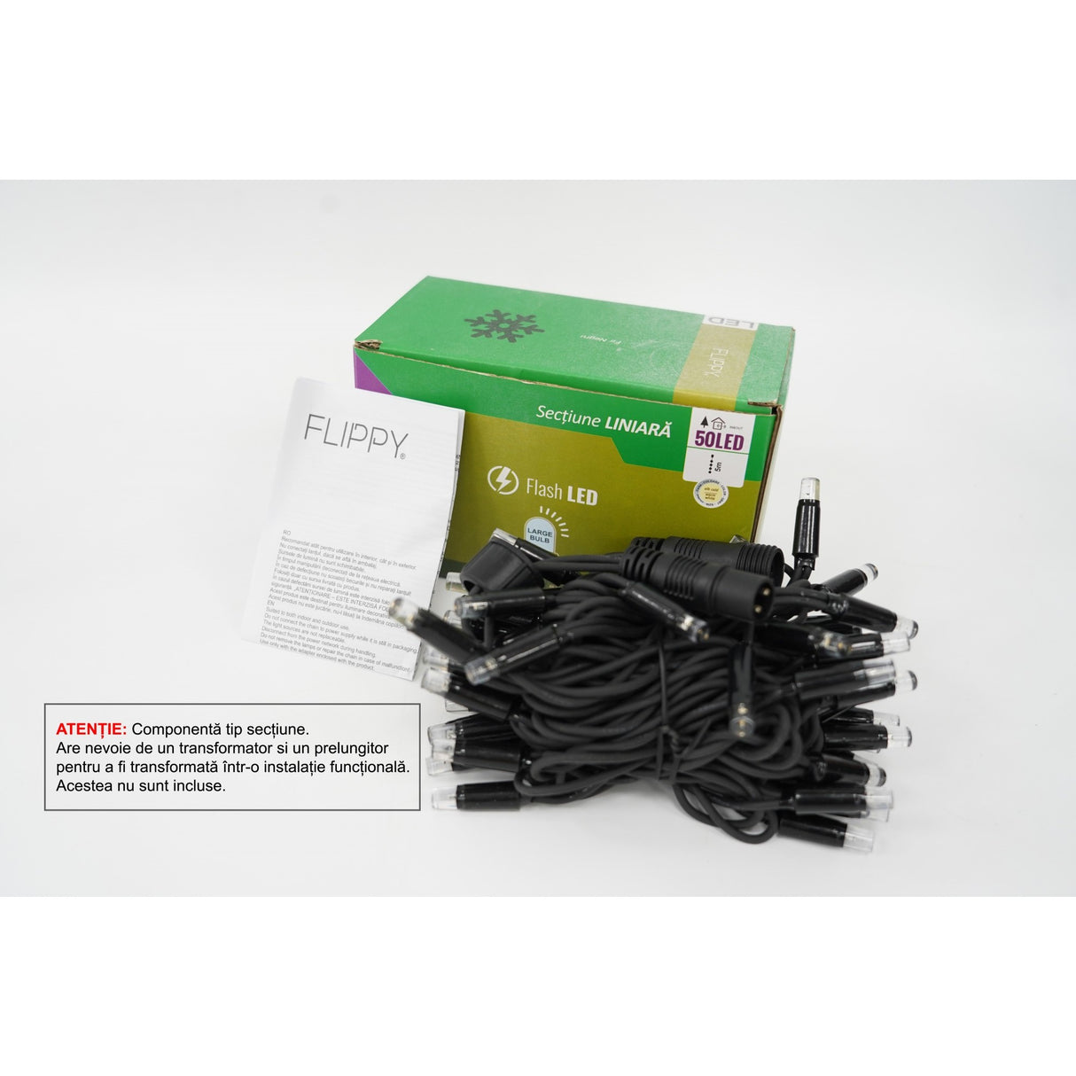 Instalație Crăciun Flippy liniară 5 m, 50 LED-uri alb-cald cu efect flash, fir negru, vedere frontală