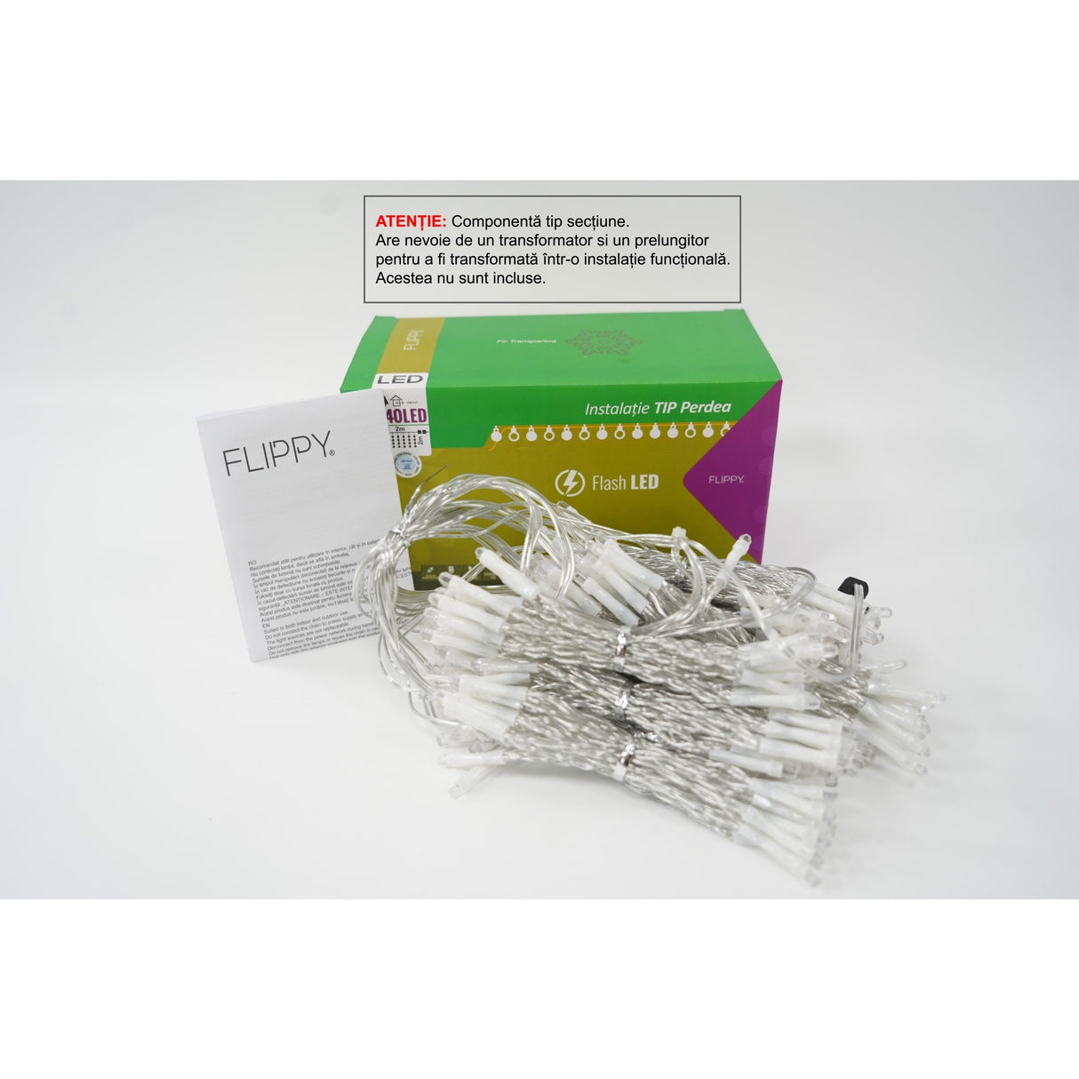 Instalație perdea Crăciun Flippy 2x2 m, 240 LED-uri alb-rece cu efect flash, fir transparent – vedere frontală
