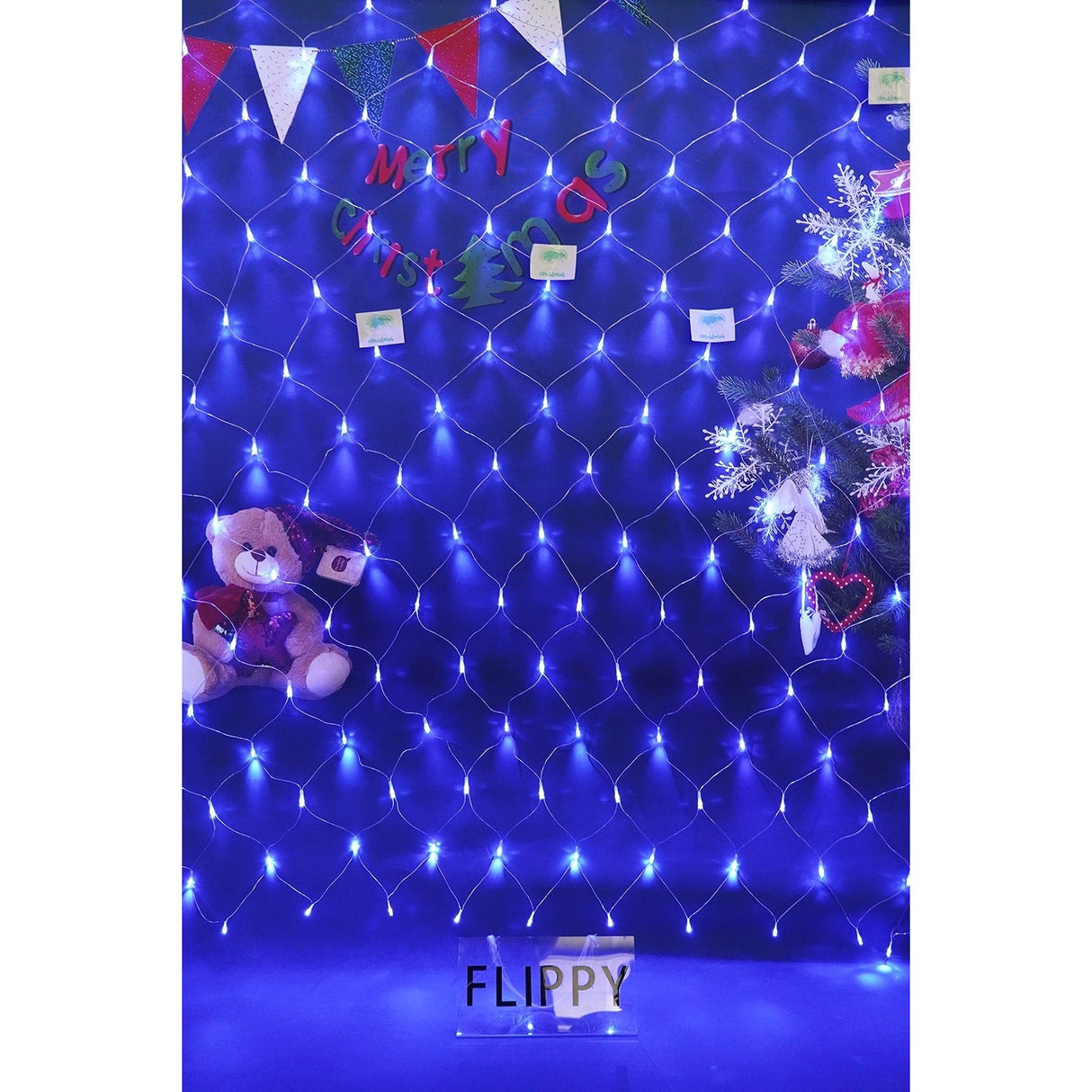 Sectiune Instalatie de Craciun Flippy, Tip Plasa, 120 LED-uri, 1.5 x 1.5 m, 8 jocuri de lumini, Interconectabila, Fir transparent, Albastru - vivimall.ro