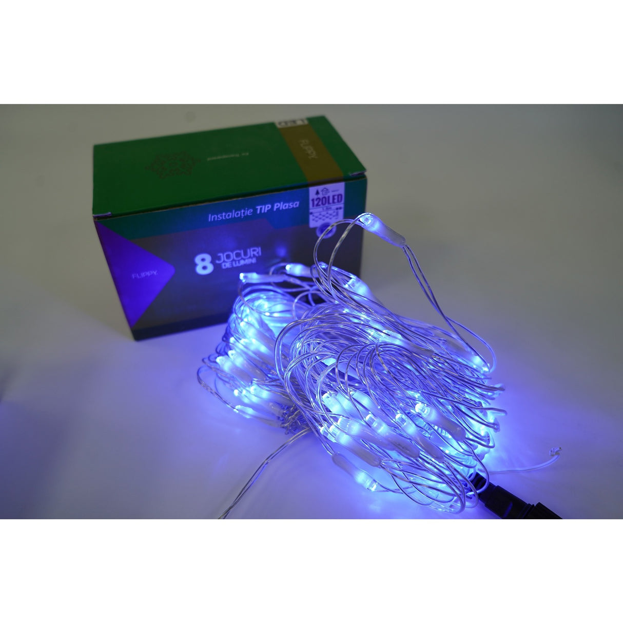 Sectiune Instalatie de Craciun Flippy, Tip Plasa, 120 LED-uri, 1.5 x 1.5 m, 8 jocuri de lumini, Interconectabila, Fir transparent, Albastru - vivimall.ro