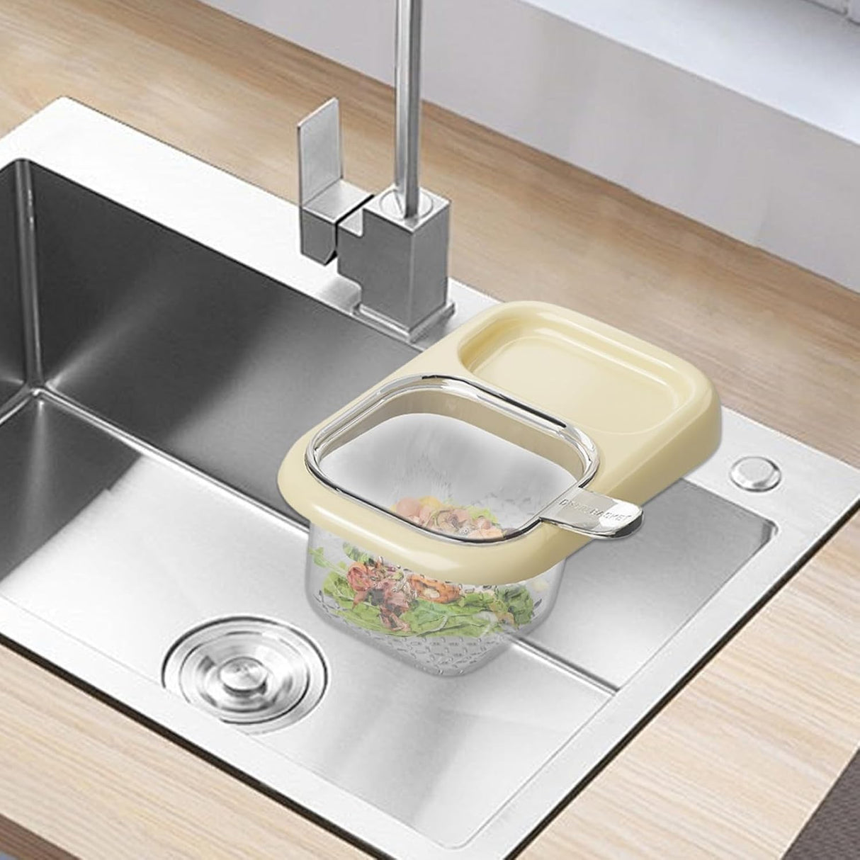 Cos de Scurgere pentru Chiuveta, Flippy, din ABS, cu Maner si Ventuza, Multifunctional, 22 x 13 x 8.5 cm, Crem - vivimall.ro