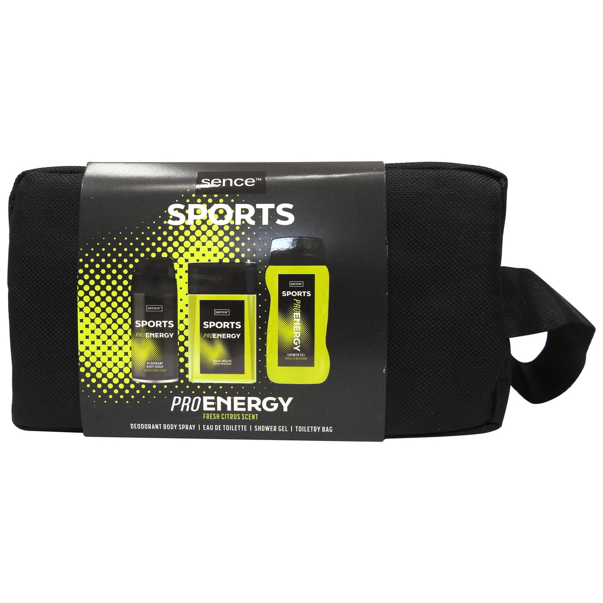 Set cadou bărbați Sence Men Sports Pro Energy – borsetă cu gel duș 240ml, deodorant 150ml și EDT 100ml