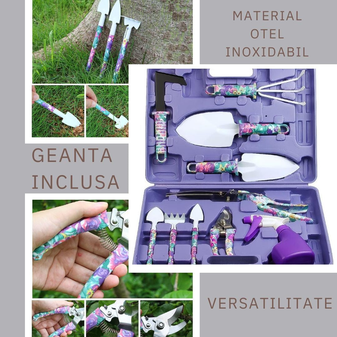 Set 10 accesorii pentru gradinarit Vivimall, geanta depozitare inclusa, otel inoxidabil, 37 x 28 cm, mov - vivimall.ro