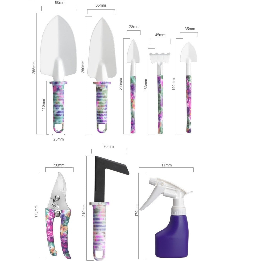 Set 10 accesorii pentru gradinarit Vivimall, geanta depozitare inclusa, otel inoxidabil, 37 x 28 cm, mov - vivimall.ro