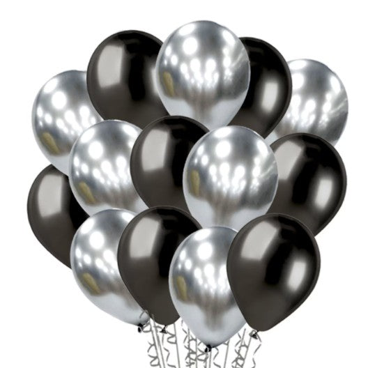 Set 10 Baloane din Latex Chrome, Vivimall, Model Party, 23 cm, Negru Argintiu, 2.2 g