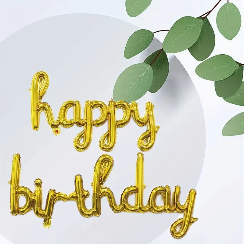 Set 10 Baloane din Folie Metalizata, Flippy, Figurine Litere, Model Scris de Mana Happy Birthday, Tema Aniversare, 40 cm, Ambalaj Individual, Pai Inclus, Umflare cu Aer sau Heliu, Auriu