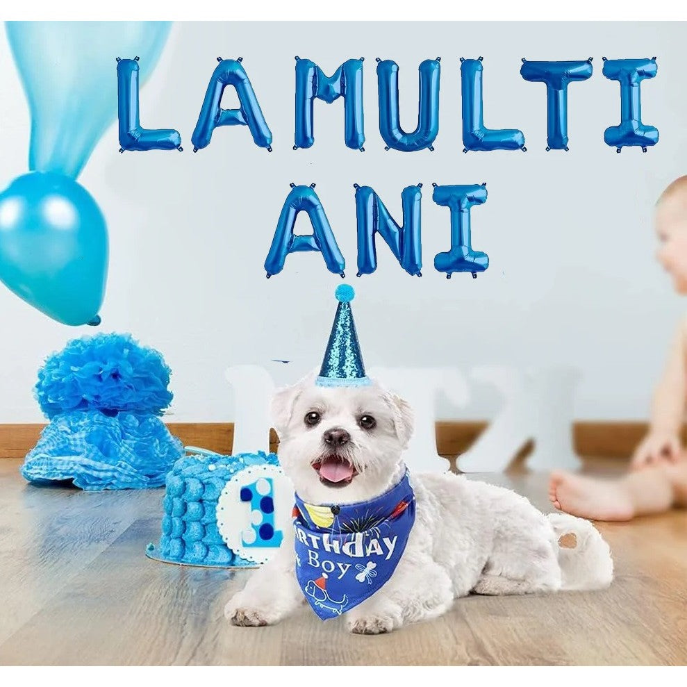 Set 10 Baloane din Folie Metalizata, Flippy, Figurine Litere, Model La multi ani, Tema Aniversare, 40 cm, Ambalaj Individual, Pai Inclus, Umflare cu Aer sau Heliu, Albastru