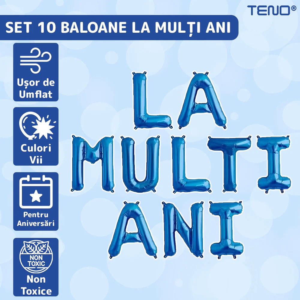 Set 10 Baloane din Folie Metalizata, Flippy, Figurine Litere, Model La multi ani, Tema Aniversare, 40 cm, Ambalaj Individual, Pai Inclus, Umflare cu Aer sau Heliu, Albastru