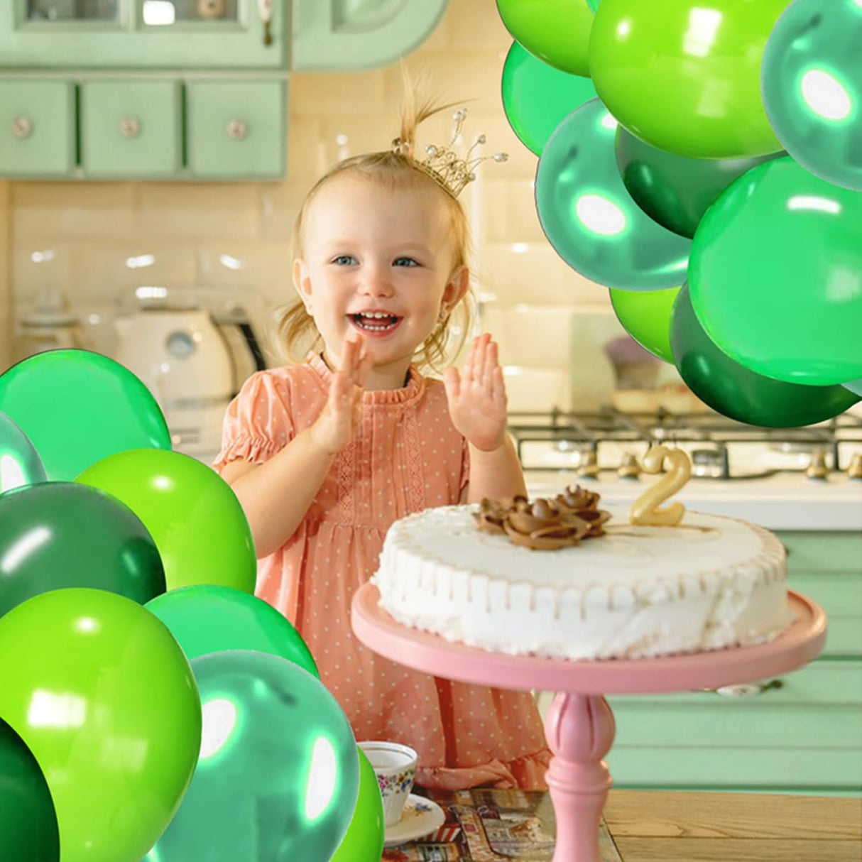 Set 10 Baloane din Latex Chrome, Vivimall, Model Party, 23 cm, Diferite Nuante Verde, 2.2 g