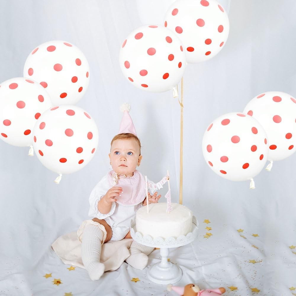 Set 10 Baloane din Latex, Vivimall, Model Party cu Buline, 30 cm, Alb si Rosu, 2.8 g