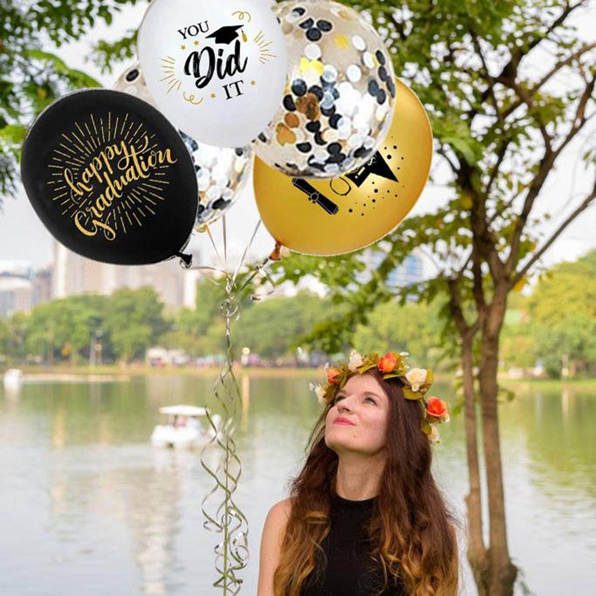 Set 10 Baloane din Latex Metalizate, Flippy, Model Absolvire, Negru Auriu Alb, 23 cm, 1.4 g