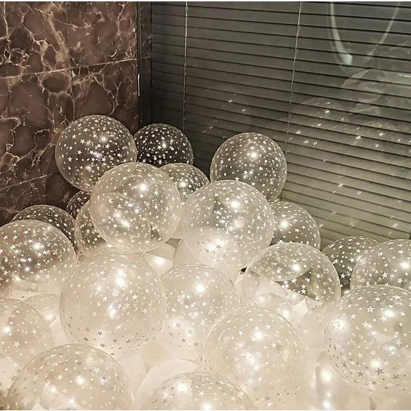 Set 10 Baloane din Latex Transparente, Vivimall, Model Party, 30 cm, Stelute Albe, 2.8 g