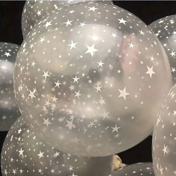 Set 10 Baloane din Latex Transparente, Vivimall, Model Party, 30 cm, Stelute Albe, 2.8 g