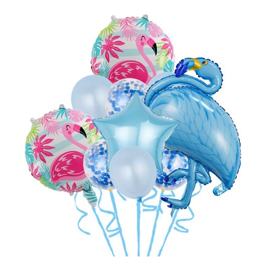 Set Baloane party aniversare, Flippy, din Folie de aluminiu si Latex, set din 10 baloane Flamigo Party, 1 stea, 5 baloane latex, 2 rotunde, 60 -90 cm, Albastru